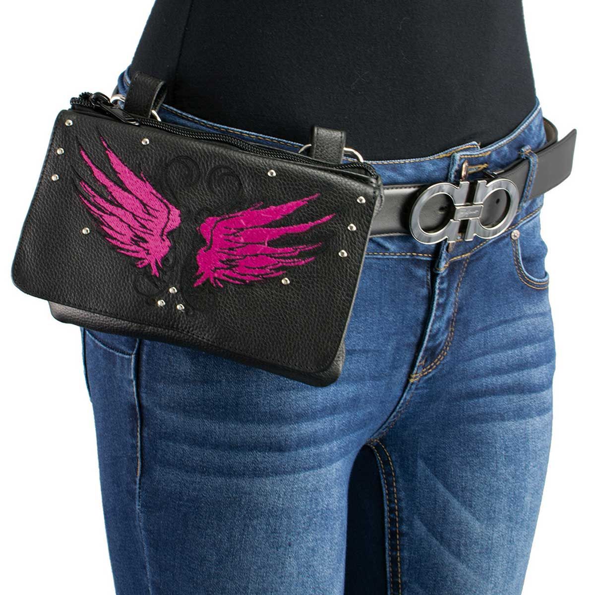 Milwaukee Leather MP8850 Ladies 'Winged' Leather Black and Pink Multi-Pocket Belt Bag Milwaukee Leather MP8850 Ladies 'Winged' Leather Black and Pink Multi-Pocket Belt Bag