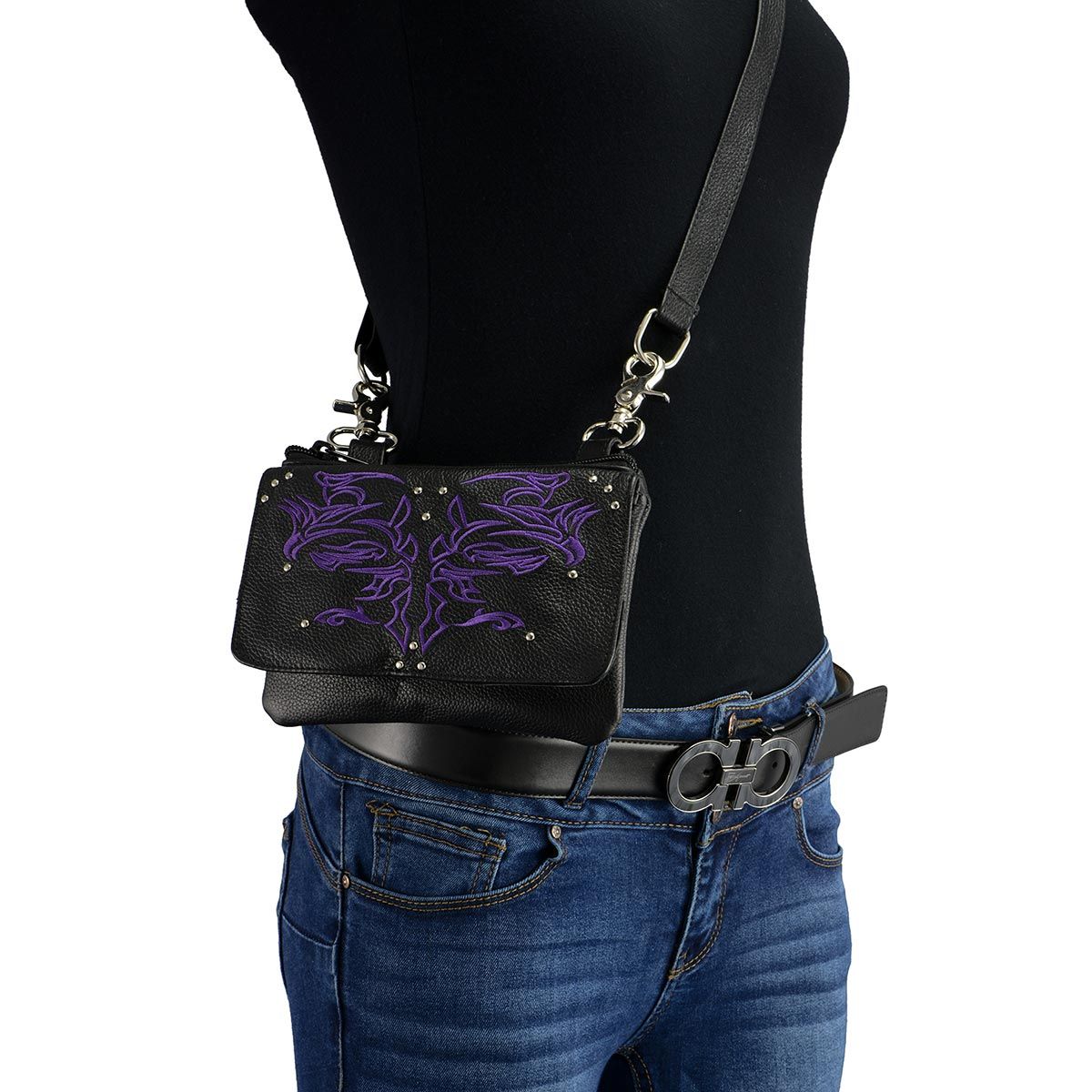Milwaukee Leather MP8852 Women's Black and Purple Leather Multi Pocket Belt Bag Milwaukee Leather MP8852 Women's Black and Purple Leather Multi Pocket Belt Bag