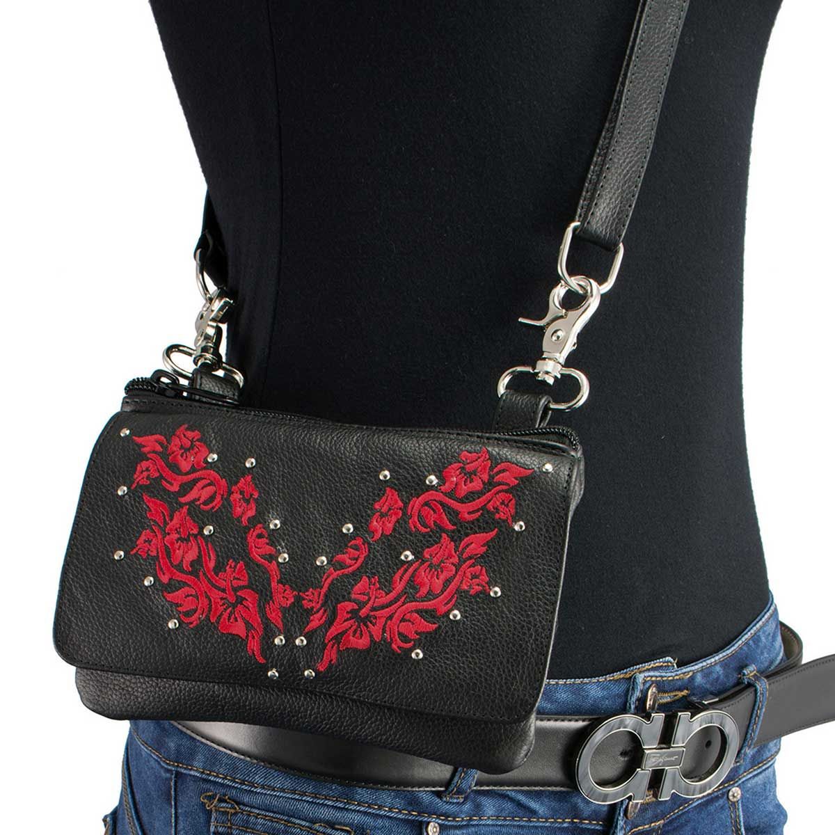 Milwaukee Leather MP8853 Women's 'Flower' Black and Red Leather Multi Pocket Belt Bag Milwaukee Leather MP8853 Women's 'Flower' Black and Red Leather Multi Pocket Belt Bag