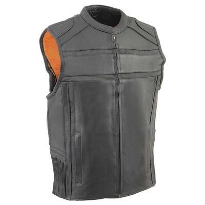 Milwaukee Leather MLM3560 Men's Black Leather Vest - Reflective Piping Elasticized Waist Open Neck Motorcycle Vest Milwaukee Leather MLM3560 Men's Black Leather Vest - Reflective Piping Elasticized Waist Open Neck Motorcycle Vest