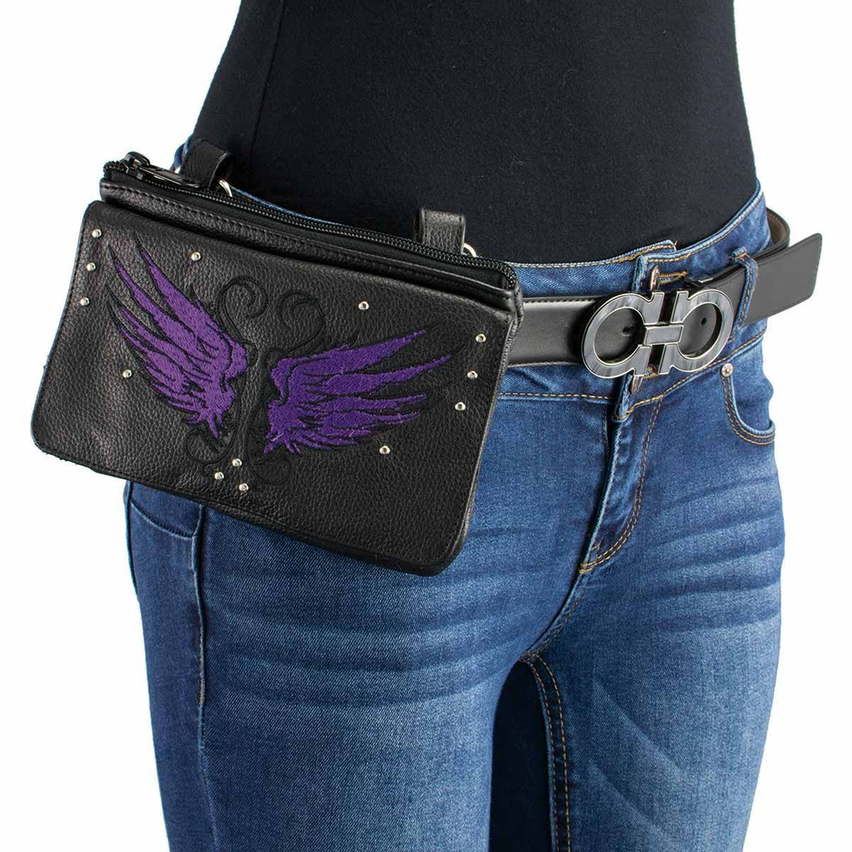 Milwaukee Leather MP8850 Ladies Leather 'Winged' Black and Purple Multi Pocket Belt Bag Milwaukee Leather MP8850 Ladies Leather 'Winged' Black and Purple Multi Pocket Belt Bag