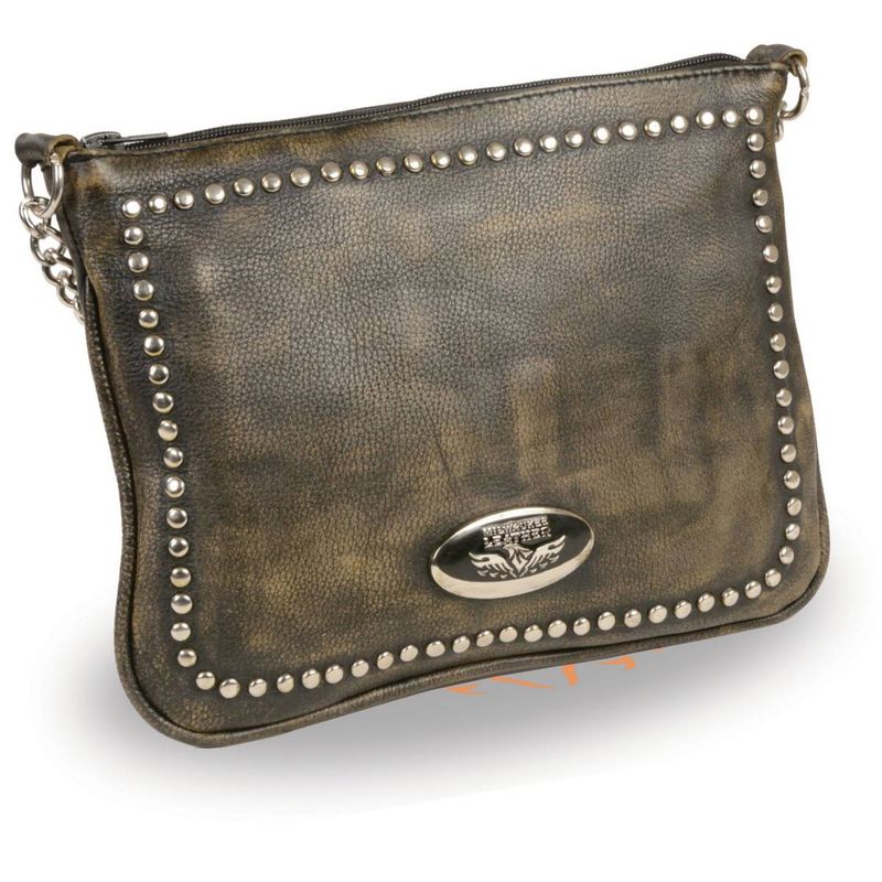 Milwaukee Leather MP8810 Women's Distress Brown Chain Strap Riveted Shoulder Bag Milwaukee Leather MP8810 Women's Distress Brown Chain Strap Riveted Shoulder Bag