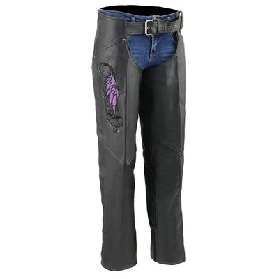 Milwaukee Leather Women's Classic Black Premium Leather Motorcycle Chaps w/ Purple Wing Embroidery-ML1179 Milwaukee Leather Women's Classic Black Premium Leather Motorcycle Chaps w/ Purple Wing Embroidery-ML1179