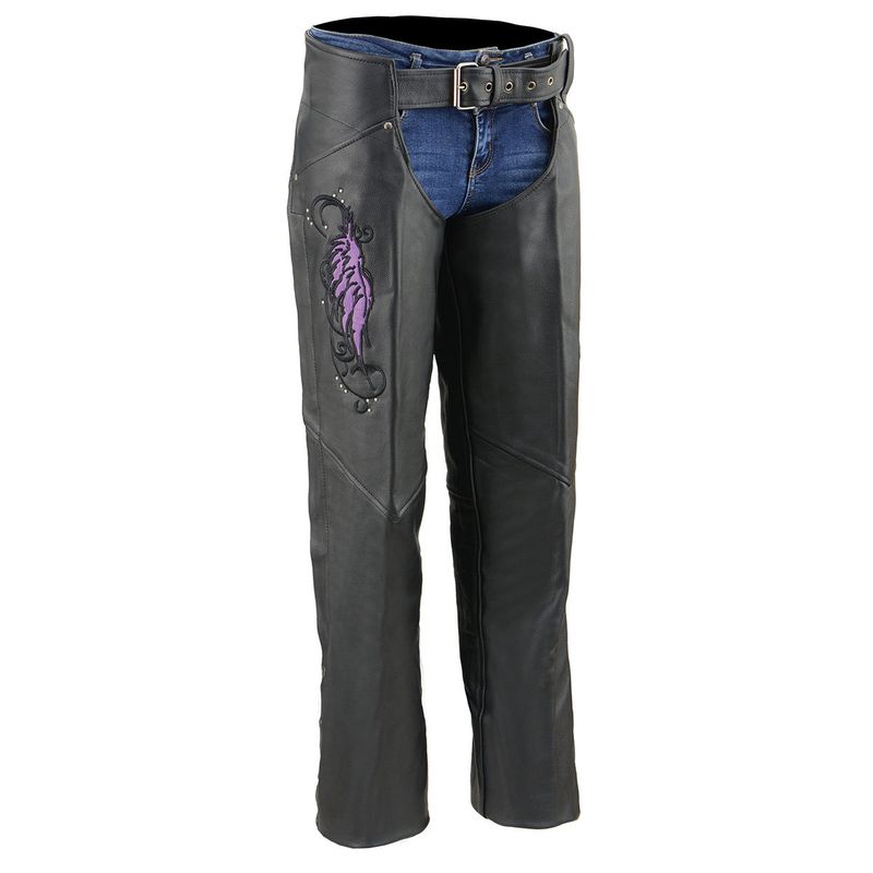 Milwaukee Leather Women's Classic Black Premium Leather Motorcycle Chaps w/ Purple Wing Embroidery-ML1179 Milwaukee Leather Women's Classic Black Premium Leather Motorcycle Chaps w/ Purple Wing Embroidery-ML1179