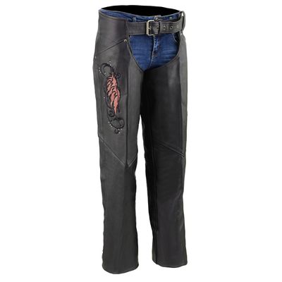 Milwaukee Leather Women's Classic Black Premium Leather Motorcycle Chaps w/ Pink Wing Embroidery-ML1179 Milwaukee Leather Women's Classic Black Premium Leather Motorcycle Chaps w/ Pink Wing Embroidery-ML1179