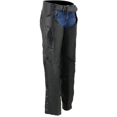 Milwaukee Leather Women's Classic Black Premium Leather Motorcycle Chaps w/ Black Wing Embroidery-ML1179 Milwaukee Leather Women's Classic Black Premium Leather Motorcycle Chaps w/ Black Wing Embroidery-ML1179