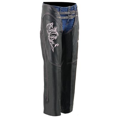 Milwaukee Leather Chaps for Women Black and Pink Low-Rise Waist- Double Buckle Reflective Embroidery Motorcycle Chap- ML1187 Milwaukee Leather Chaps for Women Black and Pink Low-Rise Waist- Double Buckle Reflective Embroidery Motorcycle Chap- ML1187