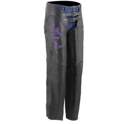 Milwaukee Leather Chaps for Women Black and Purple Low-Rise Waist- Double Buckle Reflective Embroidery Motorcycle Chap- ML1187 Milwaukee Leather Chaps for Women Black and Purple Low-Rise Waist- Double Buckle Reflective Embroidery Motorcycle Chap- ML1187
