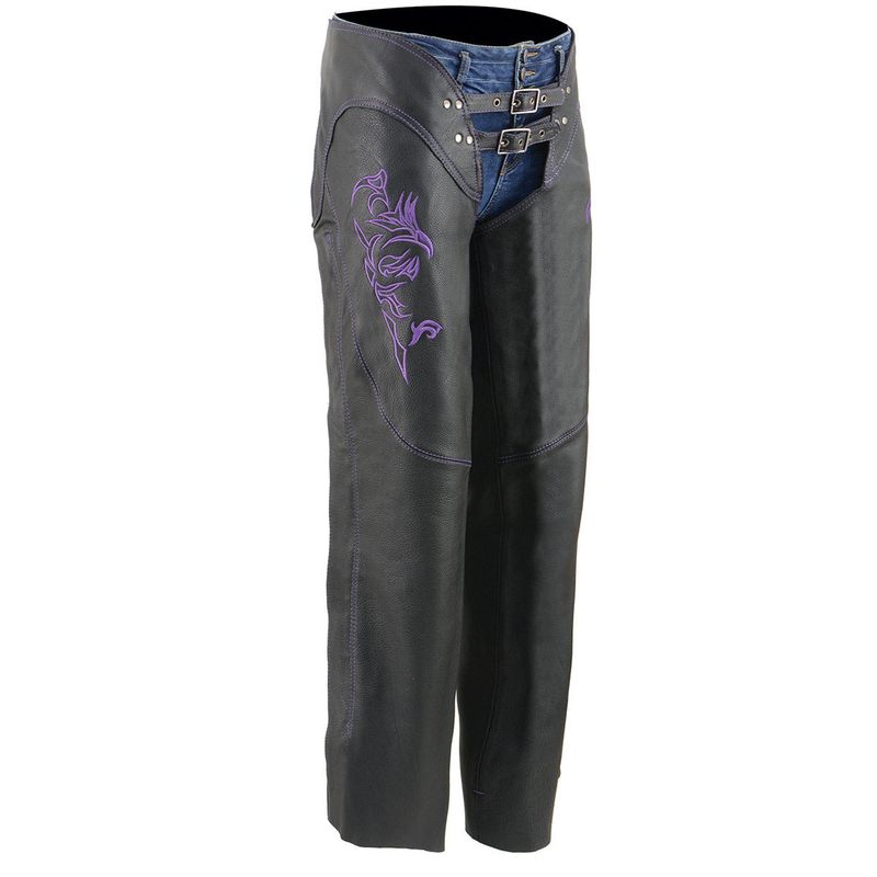 Milwaukee Leather Chaps for Women Black and Purple Low-Rise Waist- Double Buckle Reflective Embroidery Motorcycle Chap- ML1187 Milwaukee Leather Chaps for Women Black and Purple Low-Rise Waist- Double Buckle Reflective Embroidery Motorcycle Chap- ML1187