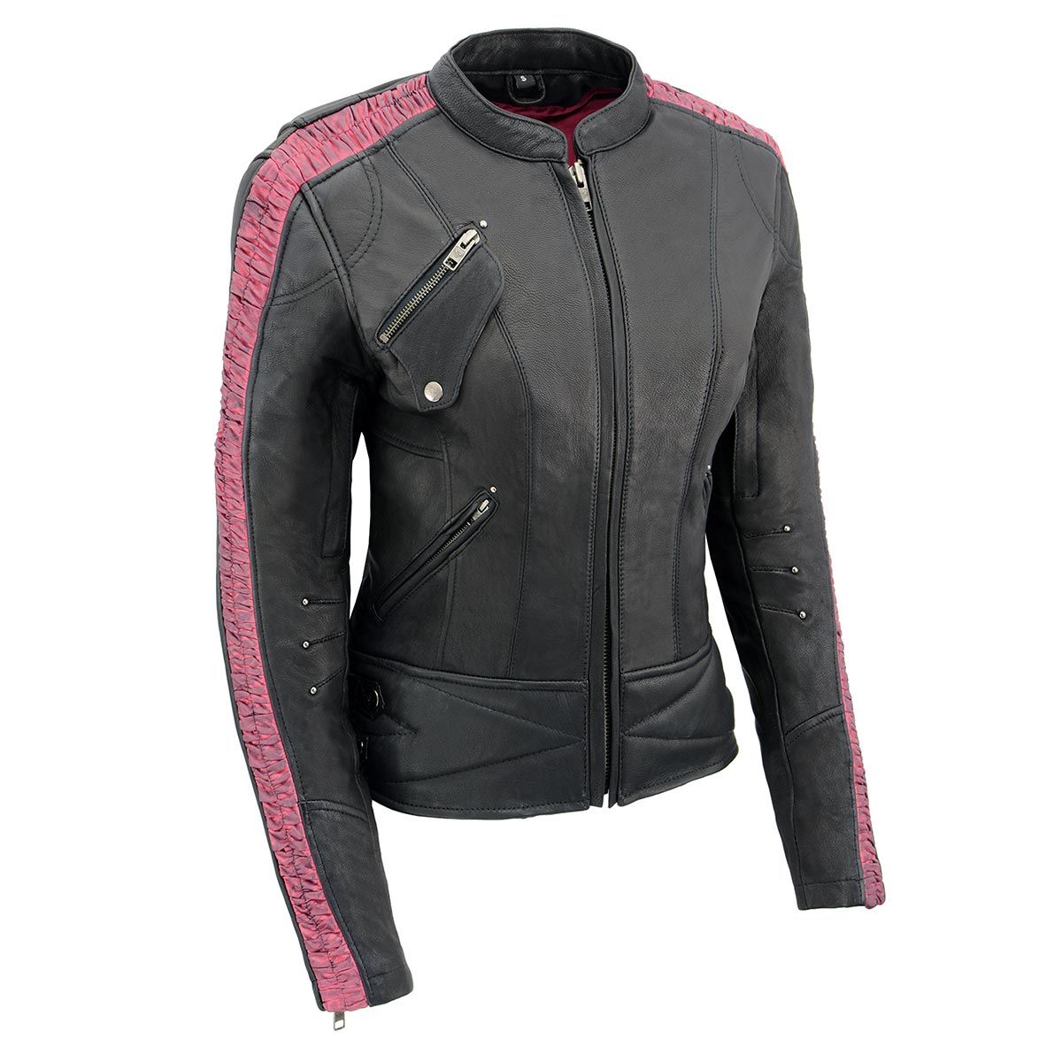 Milwaukee Leather MLL2571 Womens Black and Pink 'Crinkled Arm' Lightweight Racer Jacket Milwaukee Leather MLL2571 Womens Black and Pink 'Crinkled Arm' Lightweight Racer Jacket