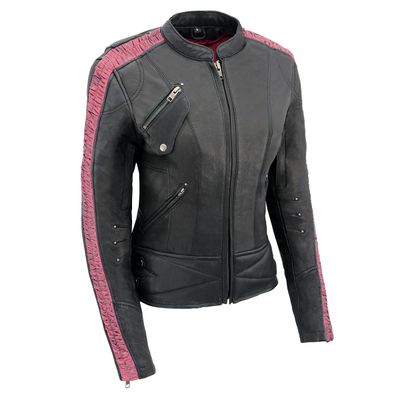 Milwaukee Leather MLL2571 Womens Black and Pink 'Crinkled Arm' Lightweight Racer Jacket Milwaukee Leather MLL2571 Womens Black and Pink 'Crinkled Arm' Lightweight Racer Jacket
