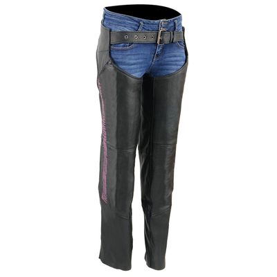 Milwaukee Leather Chaps for Women Black Lightweight Goat Skin- Crinkled Stripes Reflective Motorcycle Chap- MLL6501 Milwaukee Leather Chaps for Women Black Lightweight Goat Skin- Crinkled Stripes Reflective Motorcycle Chap- MLL6501