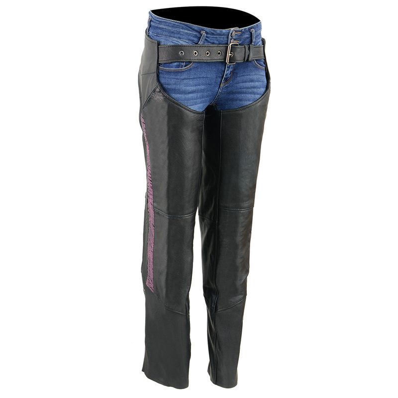Milwaukee Leather Chaps for Women Black Lightweight Goat Skin- Crinkled Stripes Reflective Motorcycle Chap- MLL6501 Milwaukee Leather Chaps for Women Black Lightweight Goat Skin- Crinkled Stripes Reflective Motorcycle Chap- MLL6501
