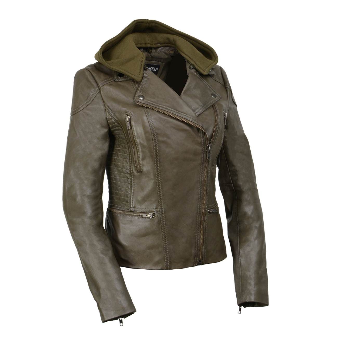 Milwaukee Leather SFL2815 Womens Olive Motorcycle Style Leather Jacket with Hoodie and Asymmetrical Zipper Milwaukee Leather SFL2815 Womens Olive Motorcycle Style Leather Jacket with Hoodie and Asymmetrical Zipper