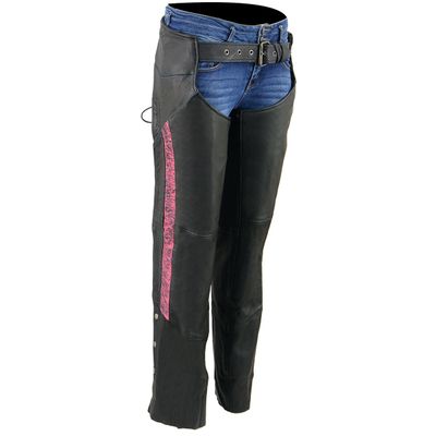 Milwaukee Leather Chaps for Women Black Lightweight Goat Skin- Crinkled Stripes Reflective Motorcycle Chap- MLL6501 Milwaukee Leather Chaps for Women Black Lightweight Goat Skin- Crinkled Stripes Reflective Motorcycle Chap- MLL6501