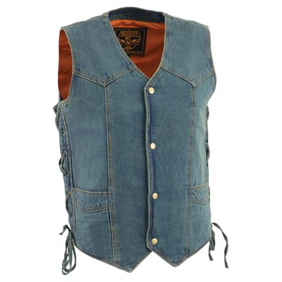 Milwaukee Leather DM1315 Men's Black Classic Denim Western Style Cowboy Biker Vest with Adjustable Side Laces Milwaukee Leather DM1315 Men's Black Classic Denim Western Style Cowboy Biker Vest with Adjustable Side Laces