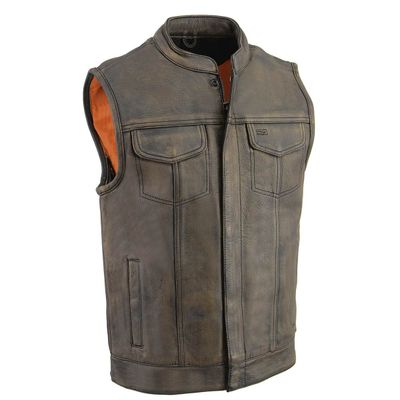 Milwaukee Leather MLM3510 Men's Black/Beige Premium Leather Club Style Vest - Dual Closure Open Neck Motorcycle Vest Milwaukee Leather MLM3510 Men's Black/Beige Premium Leather Club Style Vest - Dual Closure Open Neck Motorcycle Vest