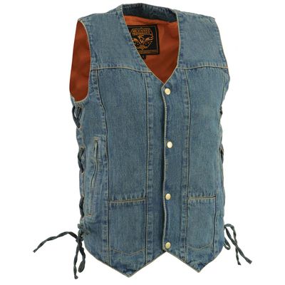 Milwaukee Leather DM1989 Men's Blue Denim '10 Pocket' Motorcycle Bikers Rider Vest with Side Laces Milwaukee Leather DM1989 Men's Blue Denim '10 Pocket' Motorcycle Bikers Rider Vest with Side Laces