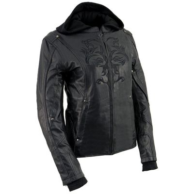 Milwaukee Leather ML2066 Women's 3/4 Black Leather Hoodie Jacket with Reflective Tribal Design Milwaukee Leather ML2066 Women's 3/4 Black Leather Hoodie Jacket with Reflective Tribal Design