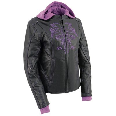Milwaukee Leather ML2067 Women's 3/4 Black and Purple Leather Hoodie Jacket with Reflective Tribal Design Milwaukee Leather ML2067 Women's 3/4 Black and Purple Leather Hoodie Jacket with Reflective Tribal Design
