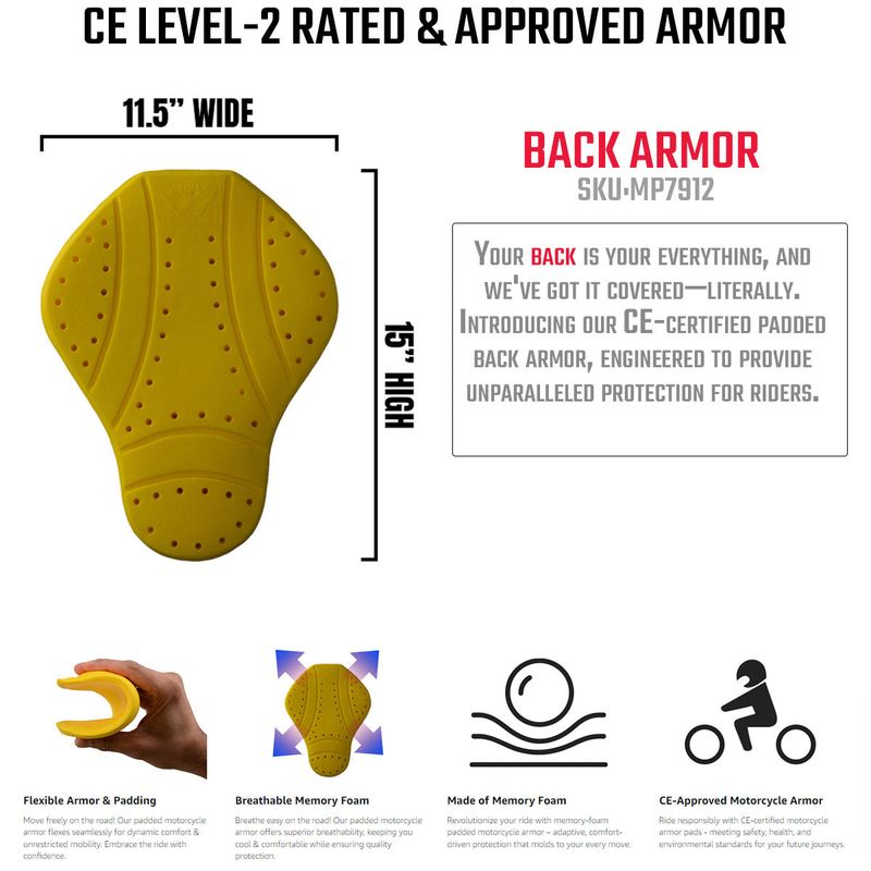 Milwaukee Leather MP7912 CE-Approved Motorcycle Armor for BACK | Replacement Armor for Motorcycle Jackets