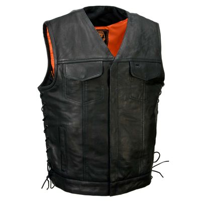 Milwaukee Leather MLM3504 Men's Black 'Pursuit' V Neck Club Style Motorcycle Leather Vest with Adjustable Side Laces Milwaukee Leather MLM3504 Men's Black 'Pursuit' V Neck Club Style Motorcycle Leather Vest with Adjustable Side Laces