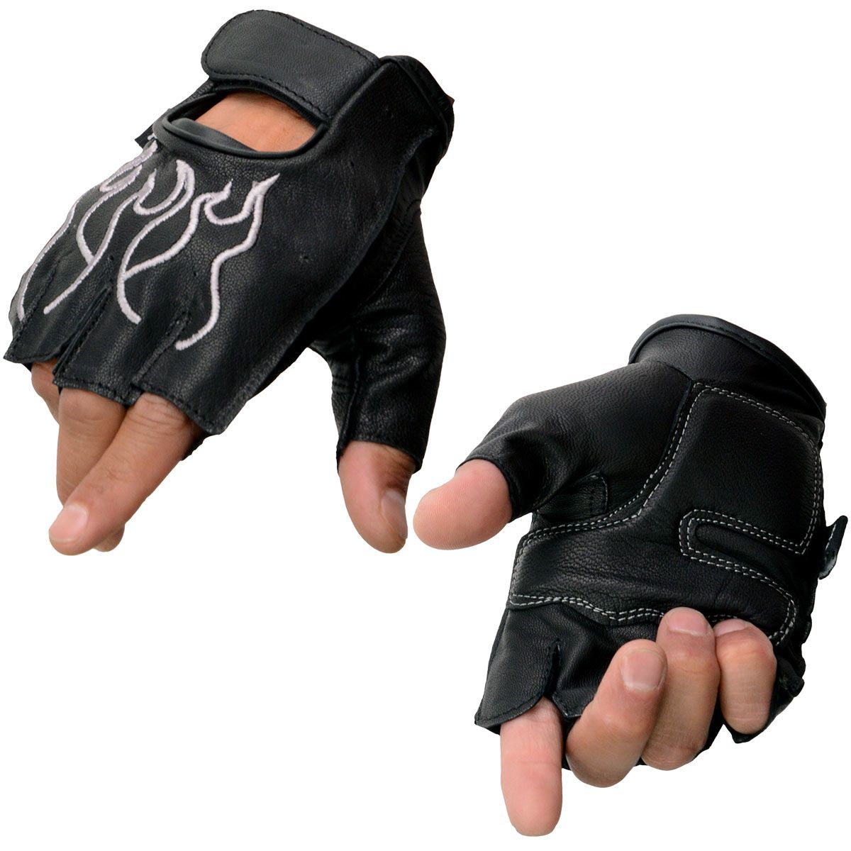 Milwaukee Leather SH198 Men's Black Leather Gel Padded Palm Fingerless Motorcycle Hand Gloves W/ ‘Grey Flame Embroidered’ Milwaukee Leather SH198 Men's Black Leather Gel Padded Palm Fingerless Motorcycle Hand Gloves W/ ‘Grey Flame Embroidered’
