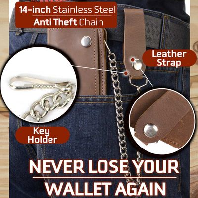 Milwaukee Leather MLW7817 Men's 8” Distress Brown Leather Bi-Fold Biker Wallet w/ Anti-Theft Stainless Steel Chain