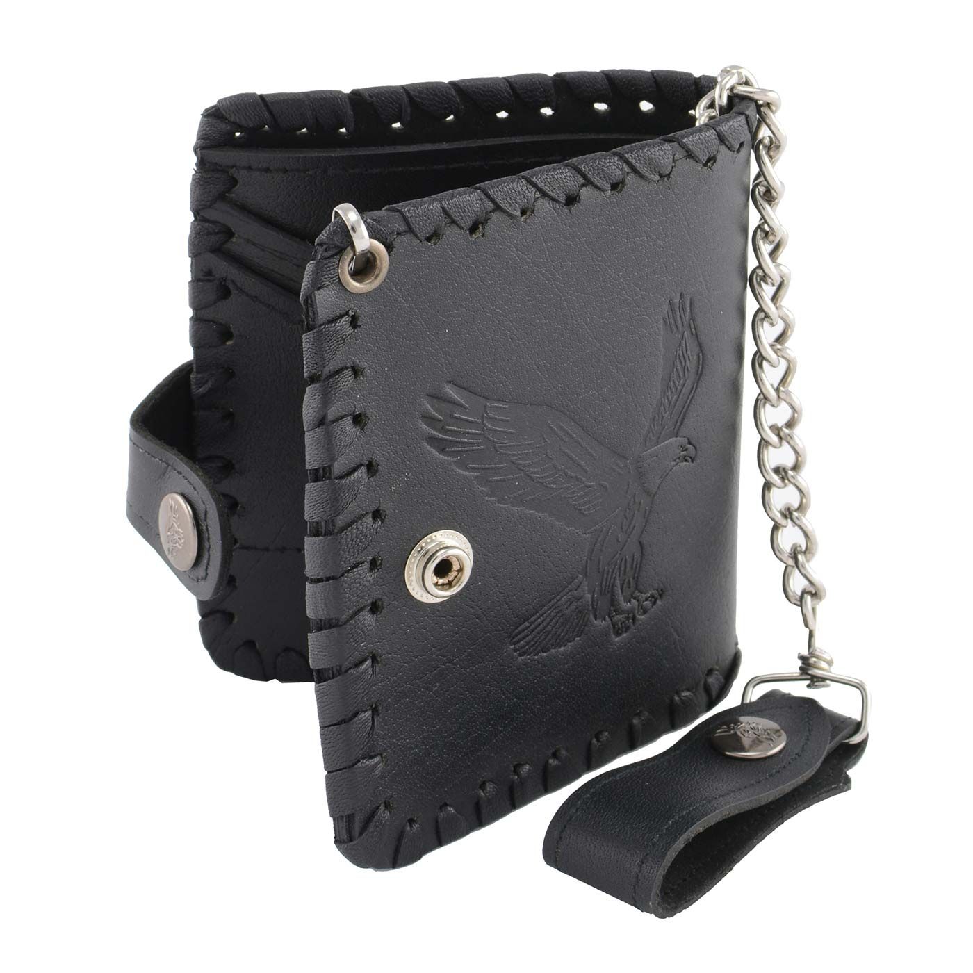Milwaukee Leather MLW7800 Men's Black 5 Milwaukee Leather MLW7800 Men's Black 5" Leather Flying Eagle Braided Bi-Fold Wallet w/ Anti-Theft Stainless Steel Chain