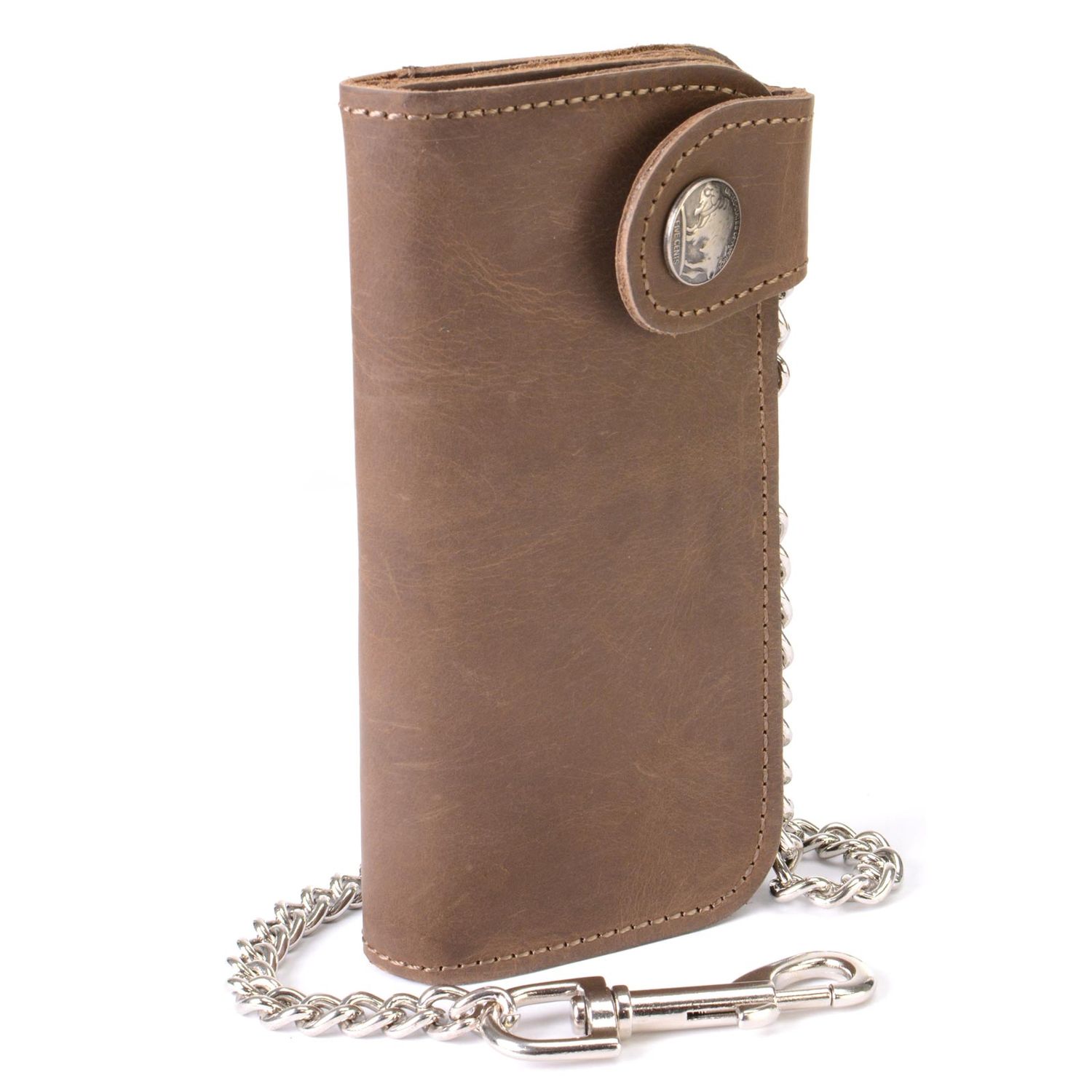 Milwaukee Leather MLW7829 Men's 7 Milwaukee Leather MLW7829 Men's 7" Brown Leather Bi-Fold Biker Wallet w/ Anti-Theft Stainless Steel Chain and Buffalo Nickel Snap