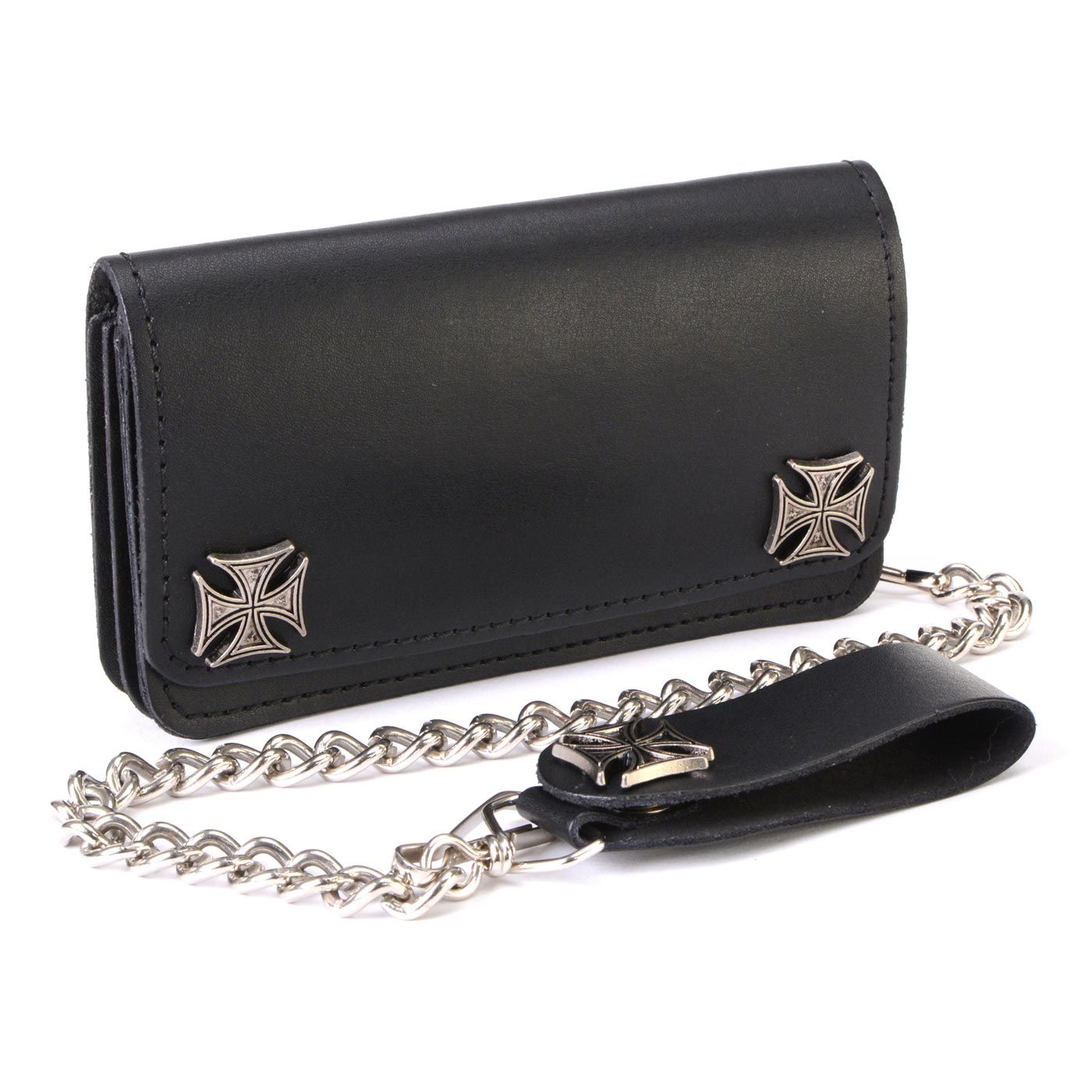 Milwaukee Leather MLW7825 Men's 6” Black Leather Bi-Fold Biker Wallet w/ Anti-Theft Stainless Steel Chain and Iron Cross Emblems Milwaukee Leather MLW7825 Men's 6” Black Leather Bi-Fold Biker Wallet w/ Anti-Theft Stainless Steel Chain and Iron Cross Emblems