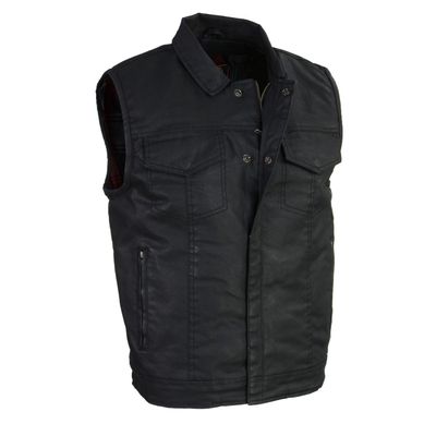Milwaukee Leather MDM3030 Men’s Black Waxy Coated Denim Club Style Motorcycle Rider Vest w/ Shirt Collar Milwaukee Leather MDM3030 Men’s Black Waxy Coated Denim Club Style Motorcycle Rider Vest w/ Shirt Collar