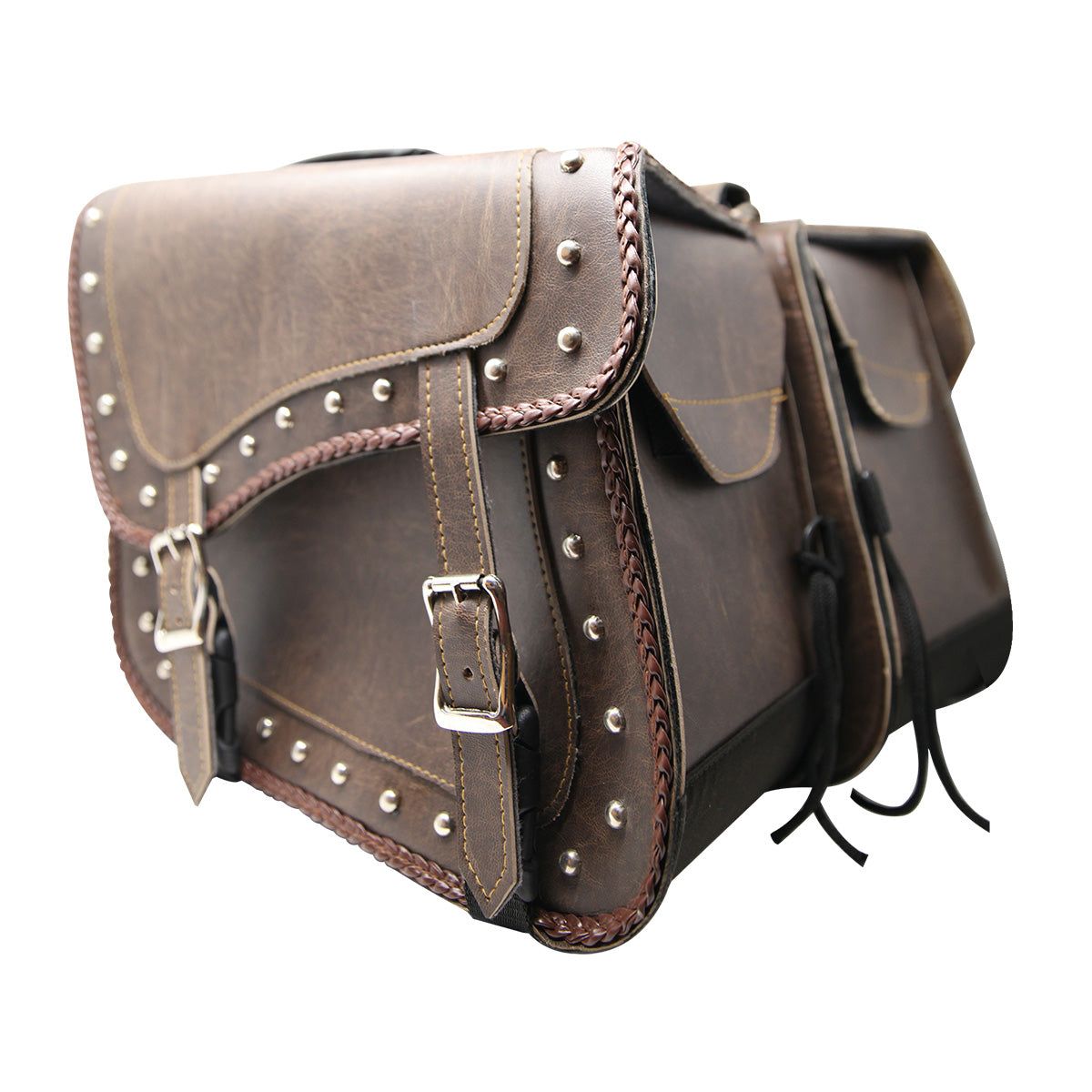 VS205DB Slanted Distressed Brown Concealed Carry Braided Saddlebags with and without Studs, Finish: studded