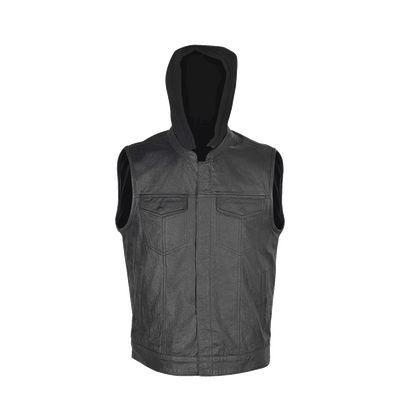 VL914H Zipper and Snap Closure Leather Motorcycle Club Vest with Hoodie and 2 Gun Pockets