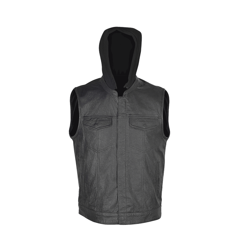 VL914H Zipper and Snap Closure Leather Motorcycle Club Vest with Hoodie and 2 Gun Pockets