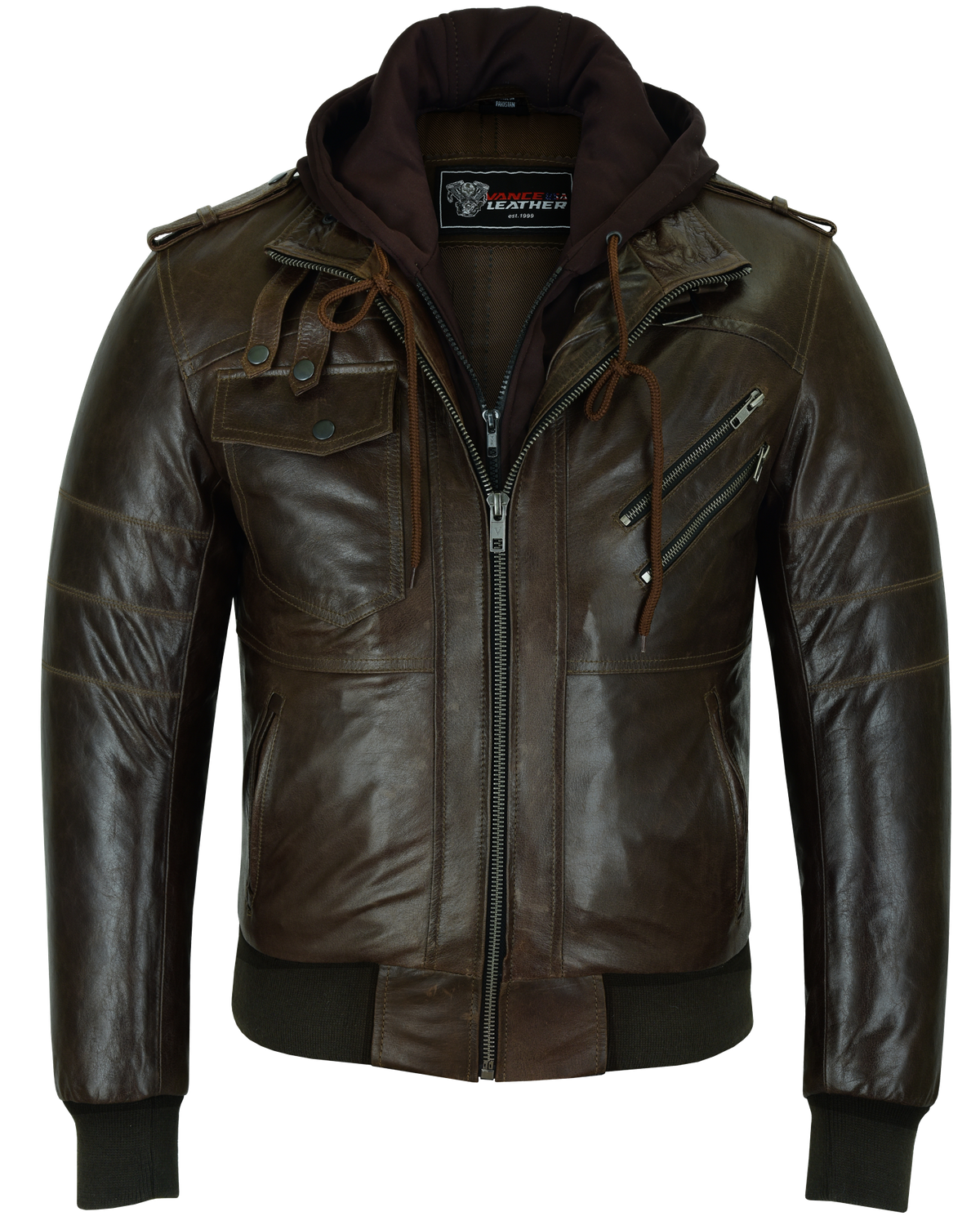 VL551CBr Vance Leathers' Mens Vincent Brown Waxed Premium Cowhide Motorcycle Leather Jacket With Removeable Hoodie