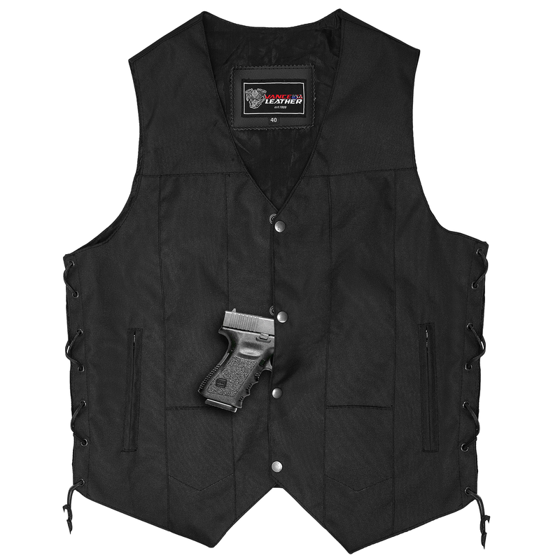VL1915 Men's Premium Black Textile Motorcycle 10 Pocket Vest with Dual Conceal Carry Pockets - Perfect for Every Biker Versatile & Durable VL1915 Men's Premium Black Textile Motorcycle 10 Pocket Vest with Dual Conceal Carry Pockets - Perfect for Every Biker Versatile & Durable