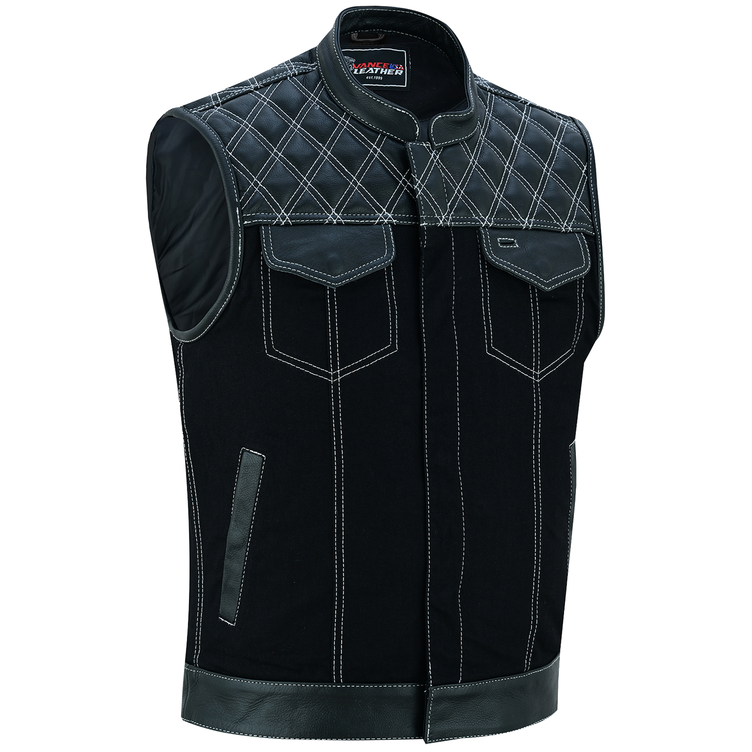 VB924WH Men's Denim & Leather Motorcycle Vest with Conceal Carry Pockets, SOA Biker Club Vest White Stitching, Diamond Padding, Snap & Zipper Closure