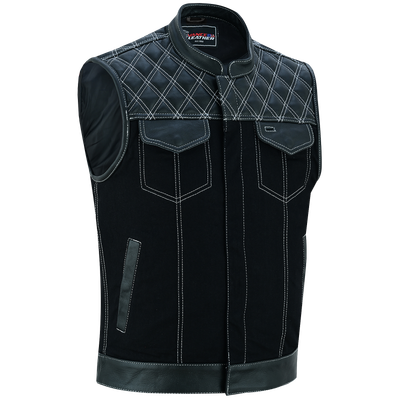 VB924WH Men's Denim & Leather Motorcycle Vest with Conceal Carry Pockets, SOA Biker Club Vest White Stitching, Diamond Padding, Snap & Zipper Closure VB924WH Men's Denim & Leather Motorcycle Vest with Conceal Carry Pockets, SOA Biker Club Vest White Stitching, Diamond Padding, Snap & Zipper Closure