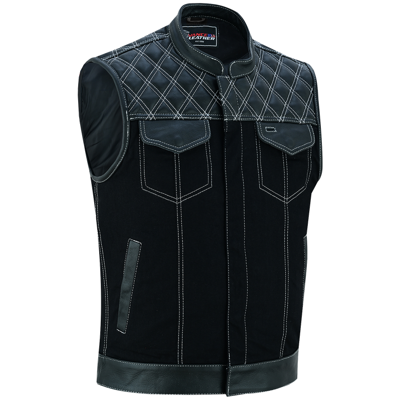 VB924WH Men's Denim & Leather Motorcycle Vest with Conceal Carry Pockets, SOA Biker Club Vest White Stitching, Diamond Padding, Snap & Zipper Closure VB924WH Men's Denim & Leather Motorcycle Vest with Conceal Carry Pockets, SOA Biker Club Vest White Stitching, Diamond Padding, Snap & Zipper Closure