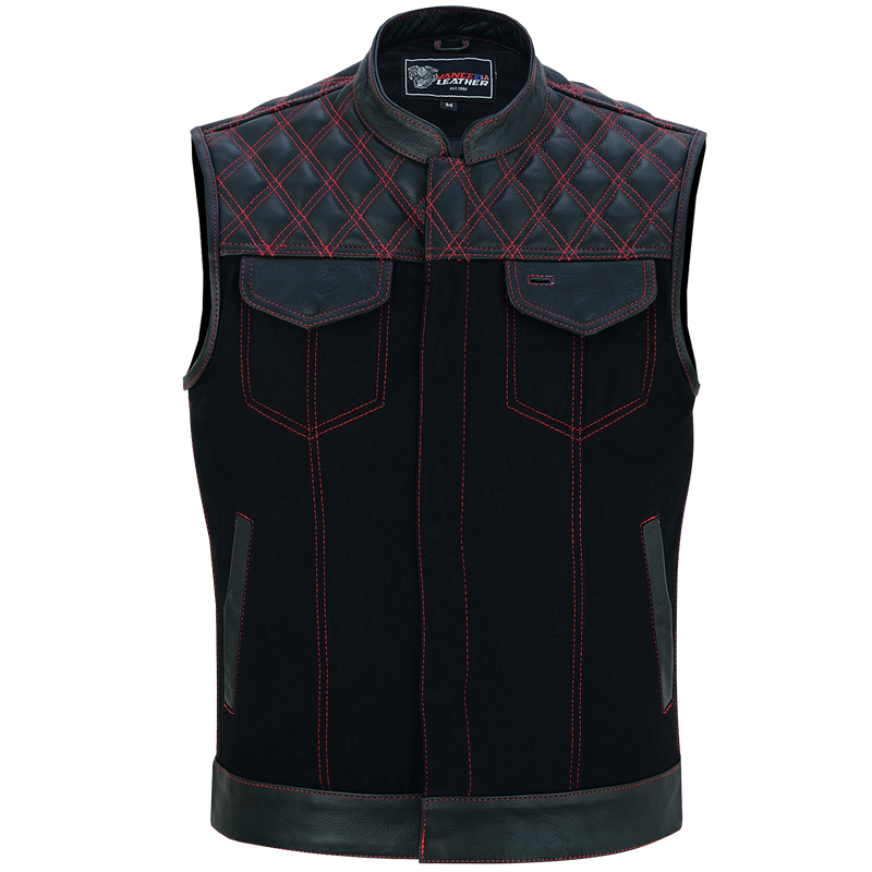 VB924RD Men's Denim & Leather Motorcycle Vest with Conceal Carry Pockets, SOA Biker Club Vest Red Stitching, Diamond Padding, Snap & Zipper Closure