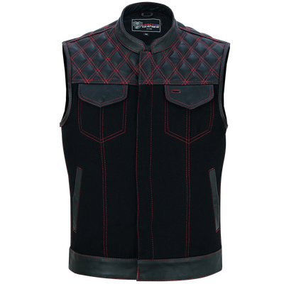 VB924RD Men's Denim & Leather Motorcycle Vest with Conceal Carry Pockets, SOA Biker Club Vest Red Stitching, Diamond Padding, Snap & Zipper Closure