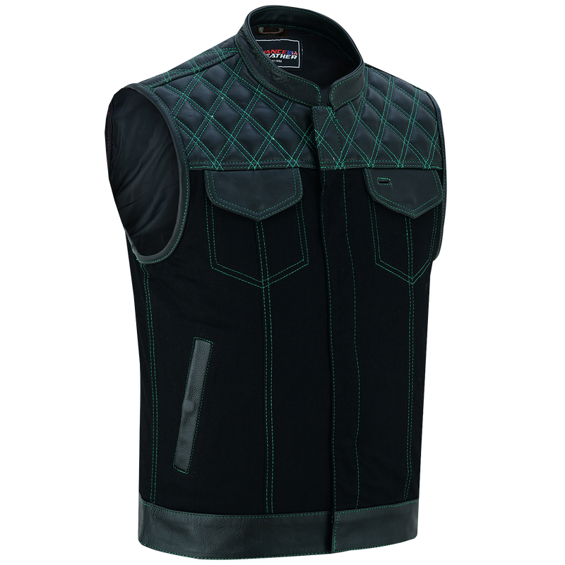 VB924GN Men's Denim & Leather Motorcycle Vest with Conceal Carry Pockets, SOA Biker Club Vest Green Stitching, Diamond Padding, Snap & Zipper Closure VB924GN Men's Denim & Leather Motorcycle Vest with Conceal Carry Pockets, SOA Biker Club Vest Green Stitching, Diamond Padding, Snap & Zipper Closure