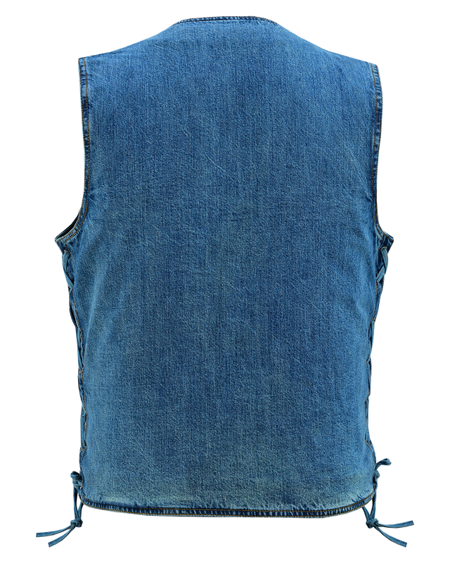 VB939BL Men's Blue V-Neck Denim Vest for Motorcycle Riders