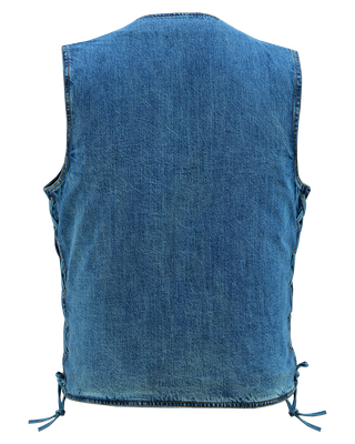 VB939BL Men's Blue V-Neck Denim Vest for Motorcycle Riders