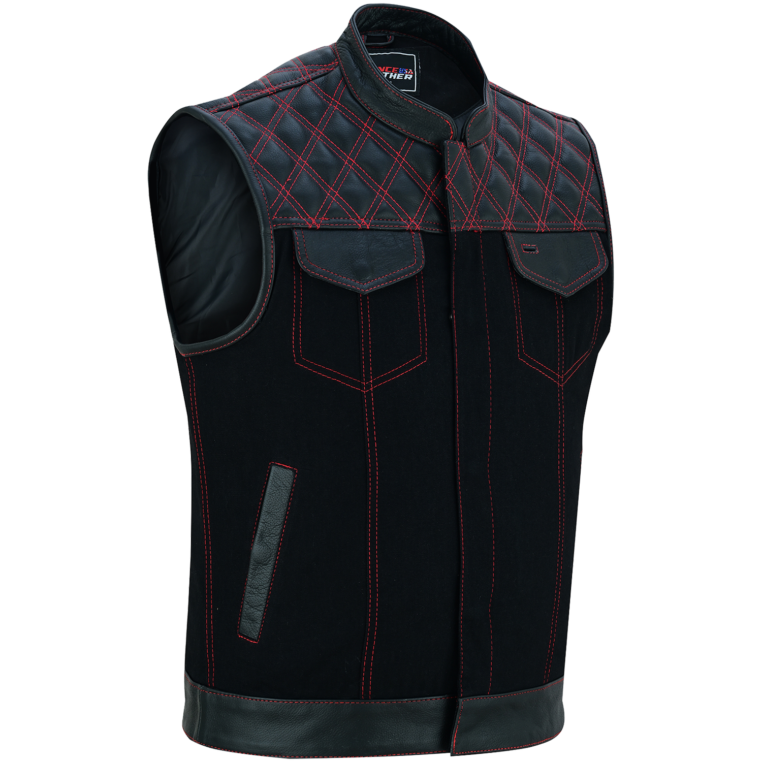 VB924RD Men's Denim & Leather Motorcycle Vest with Conceal Carry Pockets, SOA Biker Club Vest Red Stitching, Diamond Padding, Snap & Zipper Closure