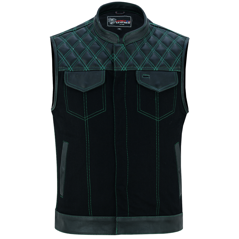 VB924GN Men's Denim & Leather Motorcycle Vest with Conceal Carry Pockets, SOA Biker Club Vest Green Stitching, Diamond Padding, Snap & Zipper Closure