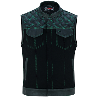 VB924GN Men's Denim & Leather Motorcycle Vest with Conceal Carry Pockets, SOA Biker Club Vest Green Stitching, Diamond Padding, Snap & Zipper Closure