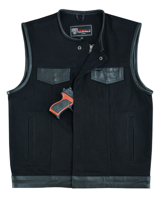 VB919L Denim Black Collarless Club Vest with Leather trims VB919L Denim Black Collarless Club Vest with Leather trims