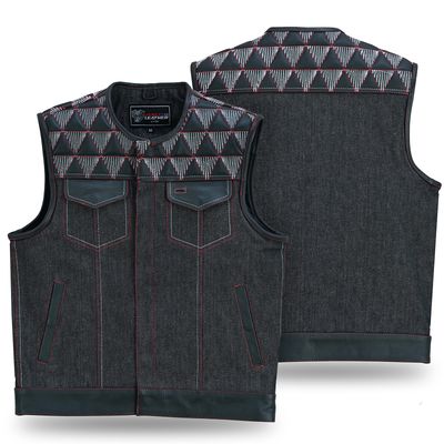 VB927RW Men's Denim & Leather Motorcycle Vest with Conceal Carry Pockets, SOA Biker Club Vest Red & White Stitching VB927RW Men's Denim & Leather Motorcycle Vest with Conceal Carry Pockets, SOA Biker Club Vest Red & White Stitching